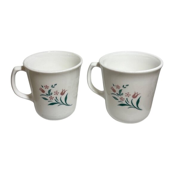 Corning USA Tulip Rosemarie Mugs With Pink Floral Design Set Of 2 Corelle - Picture 1 of 9